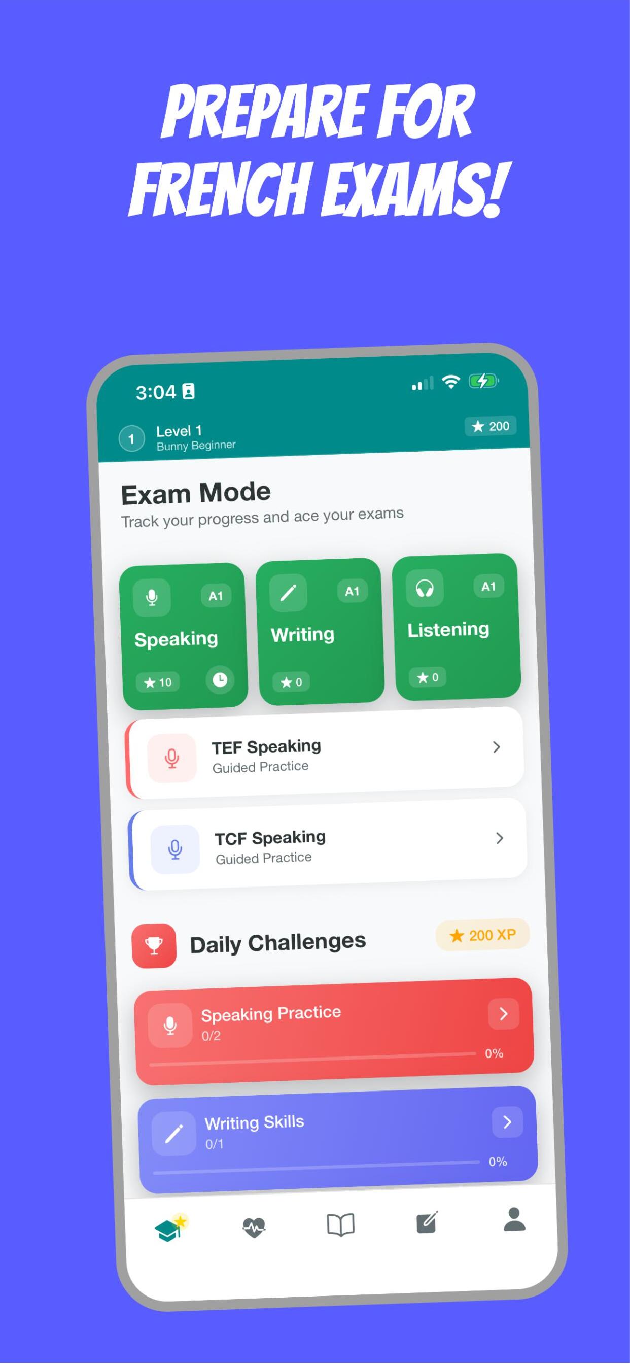 Frenchico app demo showing TEF/TCF exam preparation