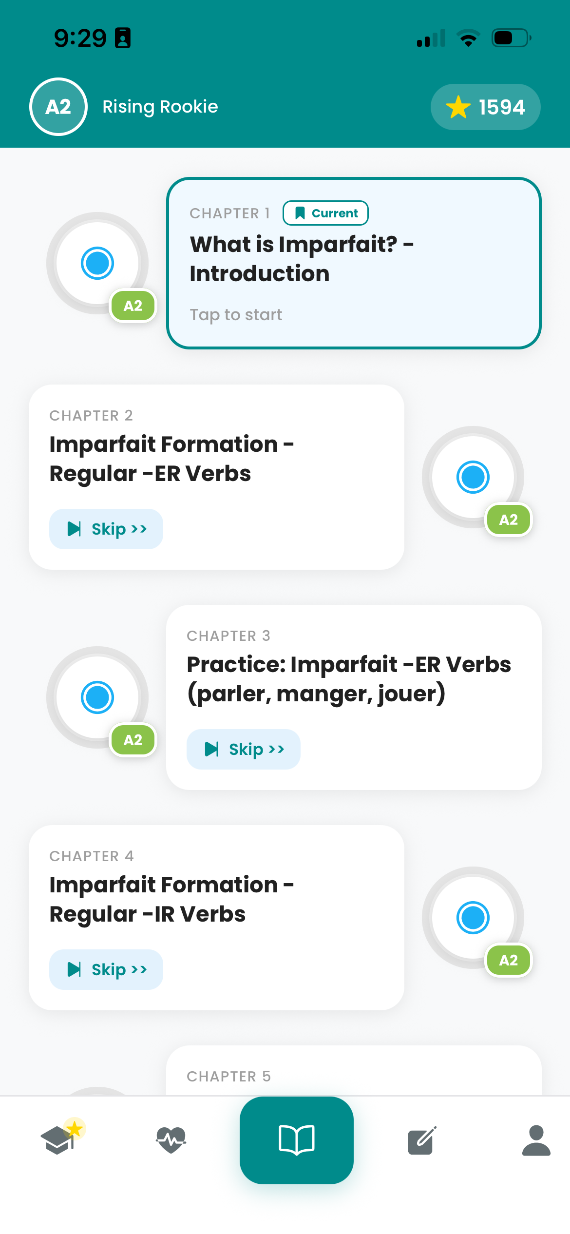 Structured learning path with chapters and levels