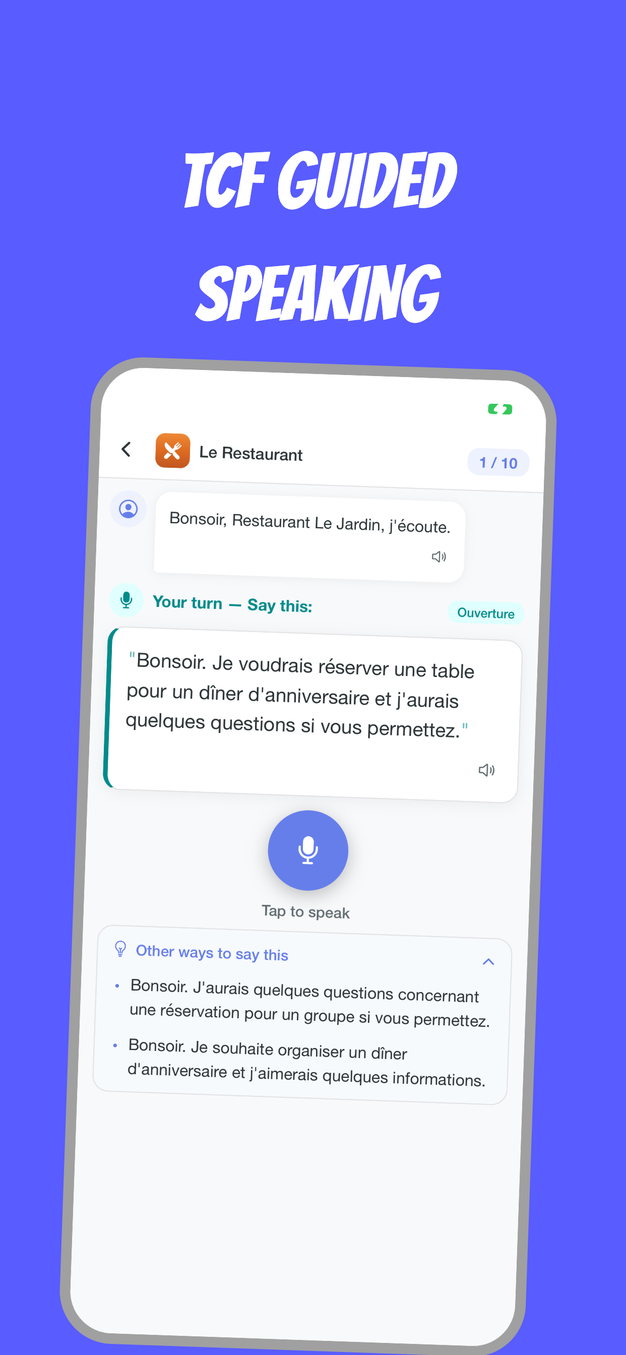 TCF and TEF speaking practice with AI feedback in Frenchico